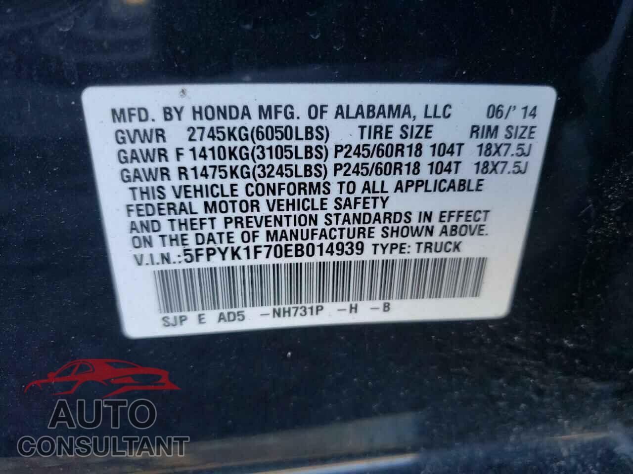 HONDA RIDGELINE 2014 - 5FPYK1F70EB014939