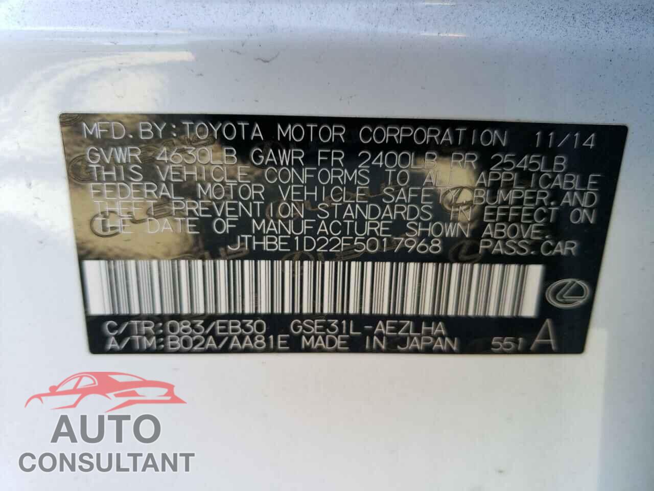LEXUS IS 2015 - JTHBE1D22F5017968