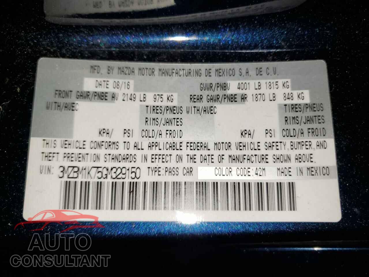 MAZDA 3 2016 - 3MZBM1K75GM329150