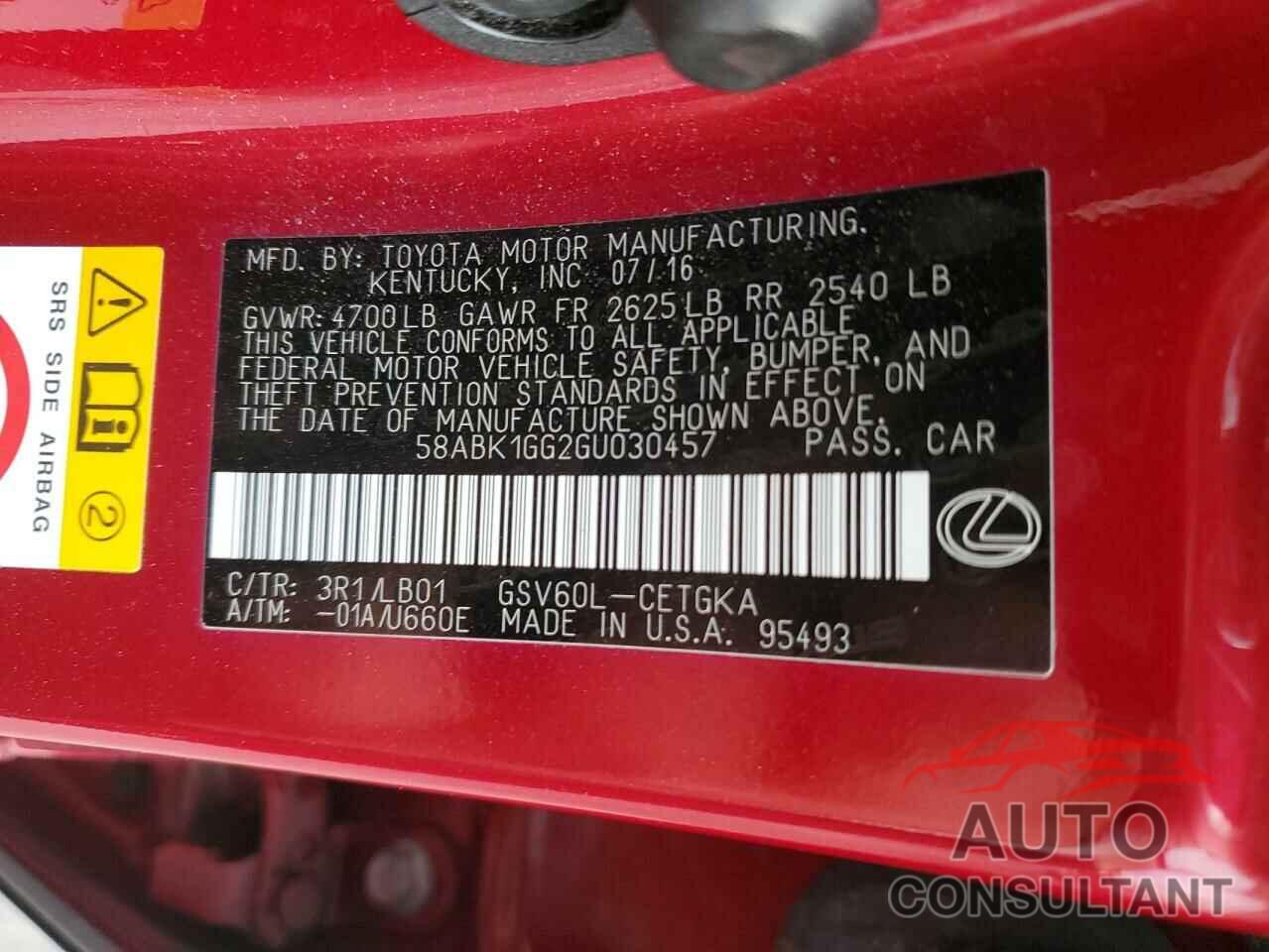 LEXUS ES350 2016 - 58ABK1GG2GU030457