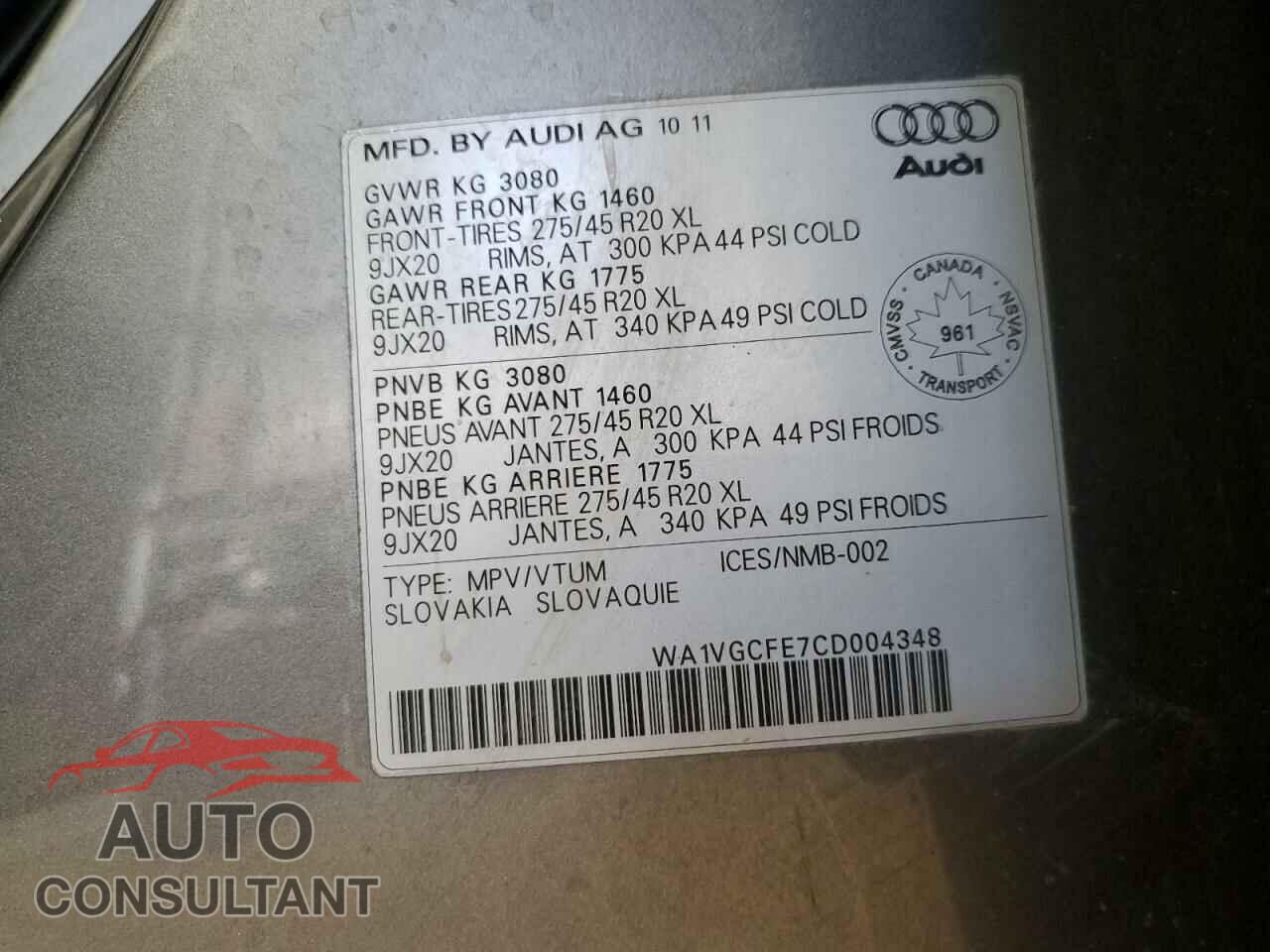 AUDI Q7 2012 - WA1VGCFE7CD004348