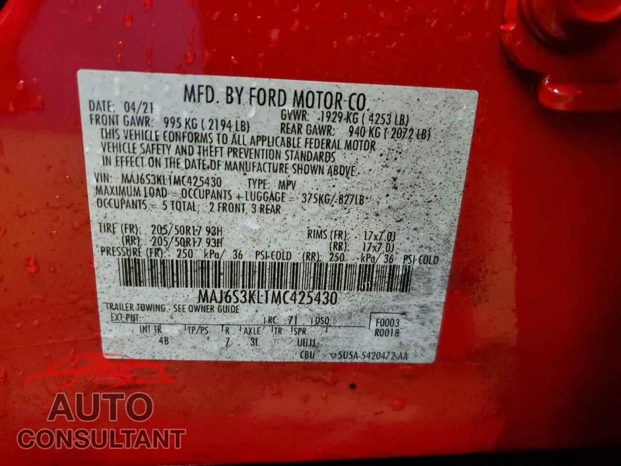 FORD ECOSPORT 2021 - MAJ6S3KL1MC425430