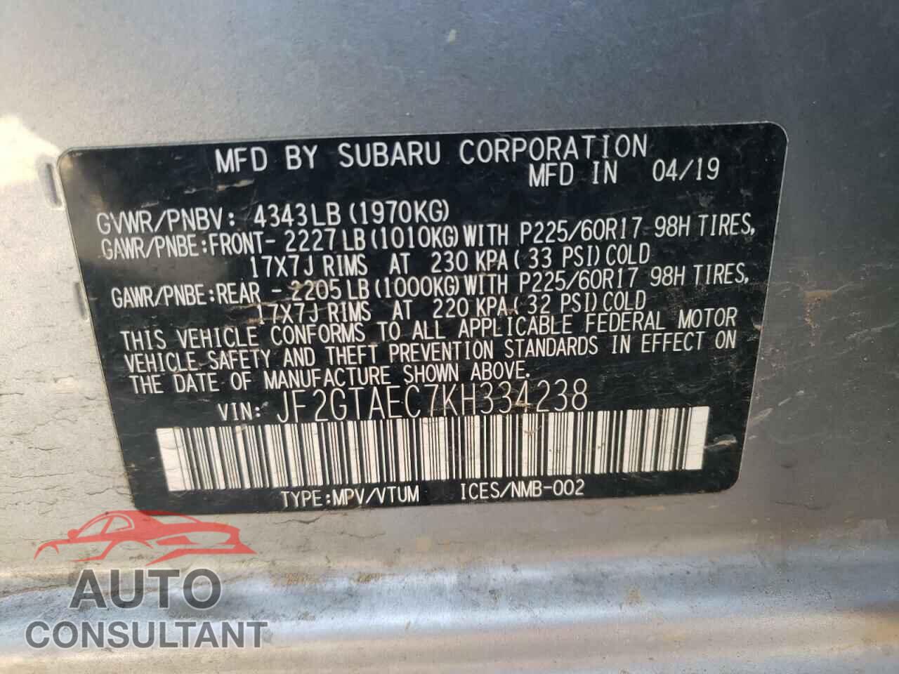 SUBARU CROSSTREK 2019 - JF2GTAEC7KH334238