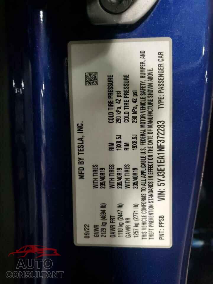 TESLA MODEL 3 2022 - 5YJ3E1EA1NF372283