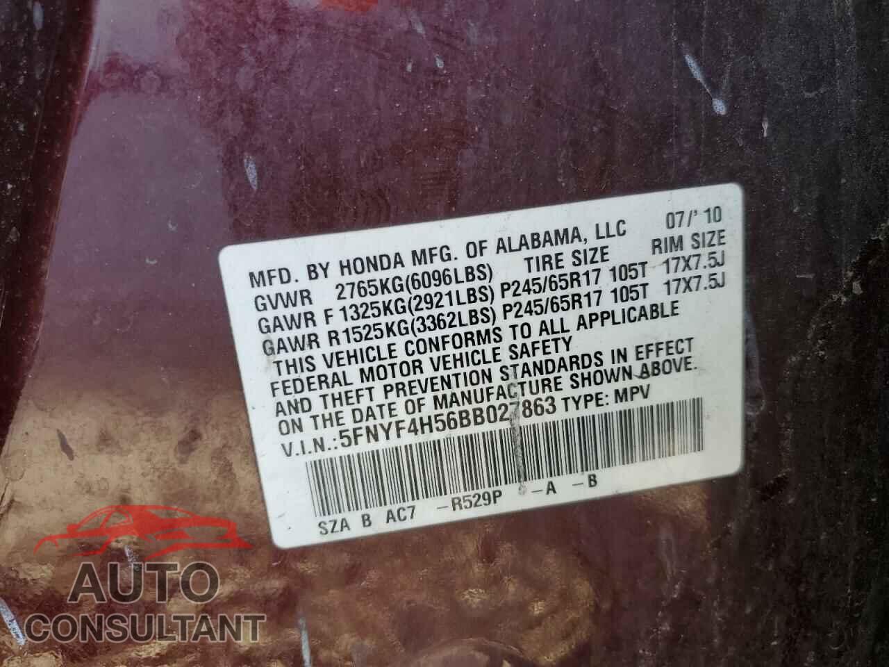 HONDA PILOT 2011 - 5FNYF4H56BB027863