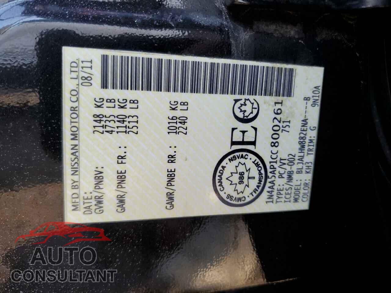 NISSAN MAXIMA 2012 - 1N4AA5AP1CC800261