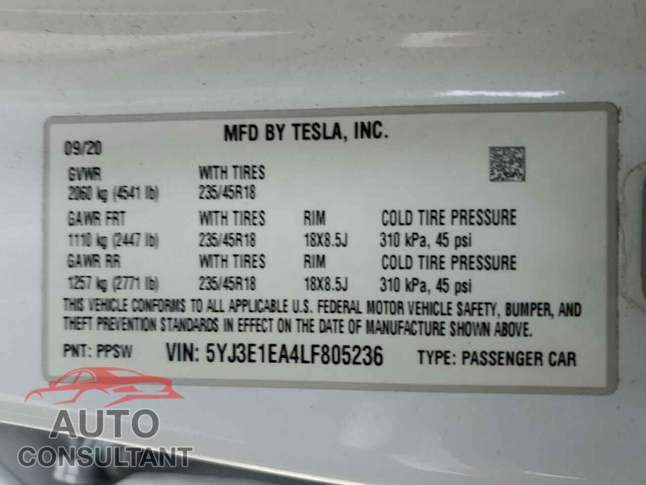 TESLA MODEL 3 2020 - 5YJ3E1EA4LF805236