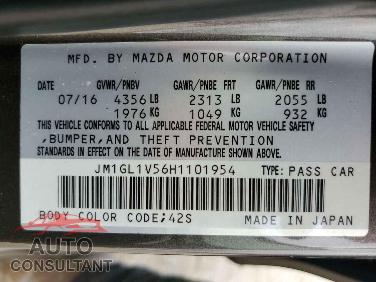 MAZDA 6 2017 - JM1GL1V56H1101954