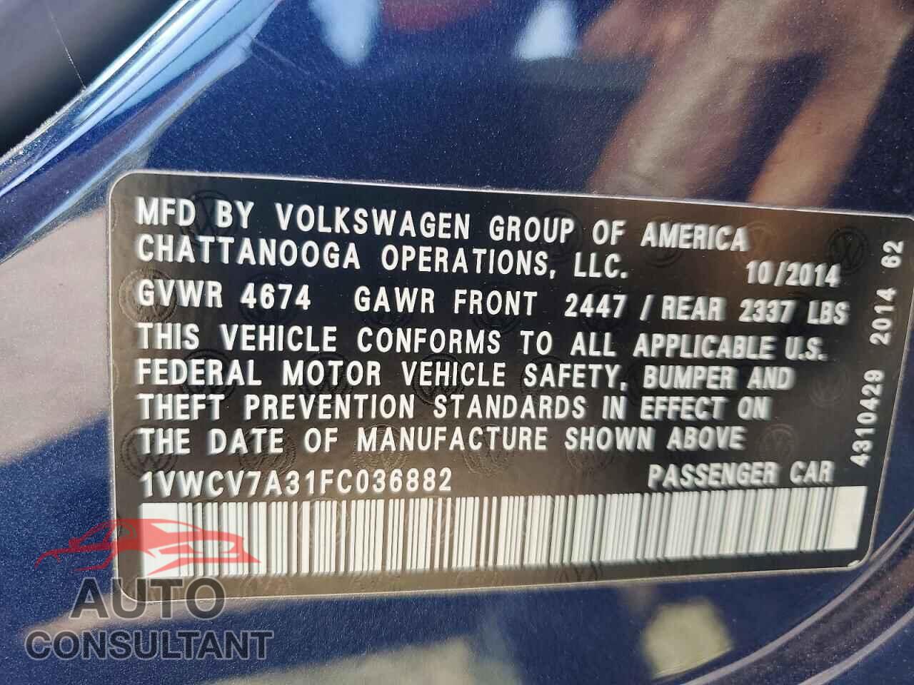 VOLKSWAGEN PASSAT 2015 - 1VWCV7A31FC036882