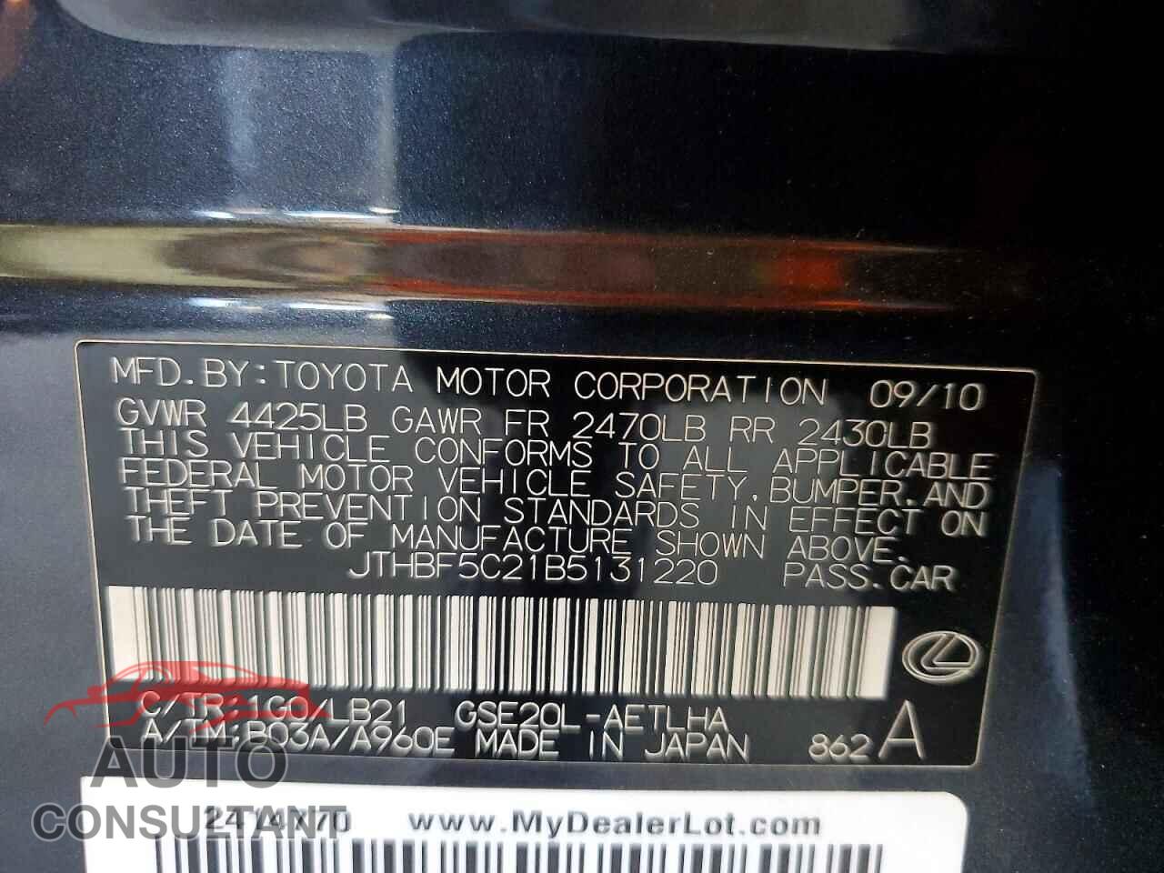 LEXUS IS 2011 - JTHBF5C21B5131220