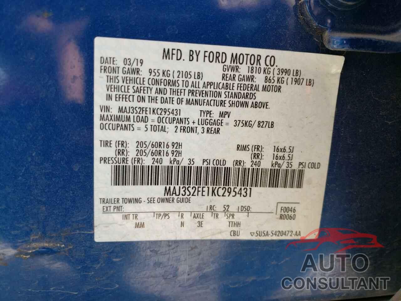 FORD ALL OTHER 2019 - MAJ3S2FE1KC295431
