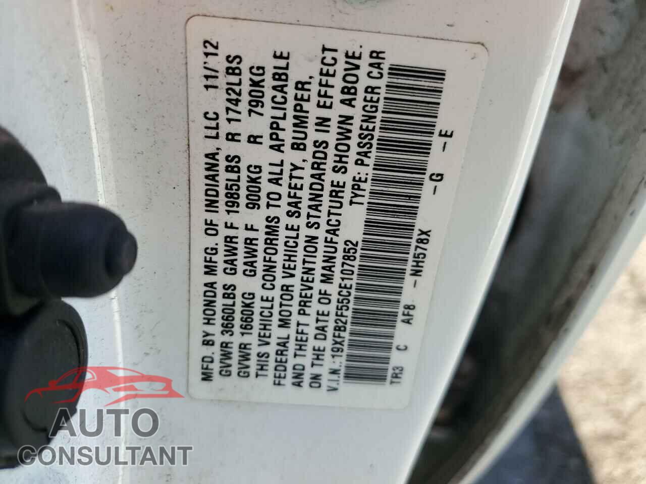 HONDA CIVIC 2012 - 19XFB2F55CE107852