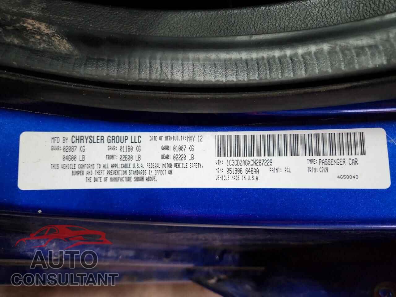 DODGE AVENGER 2012 - 1C3CDZAGXCN287229