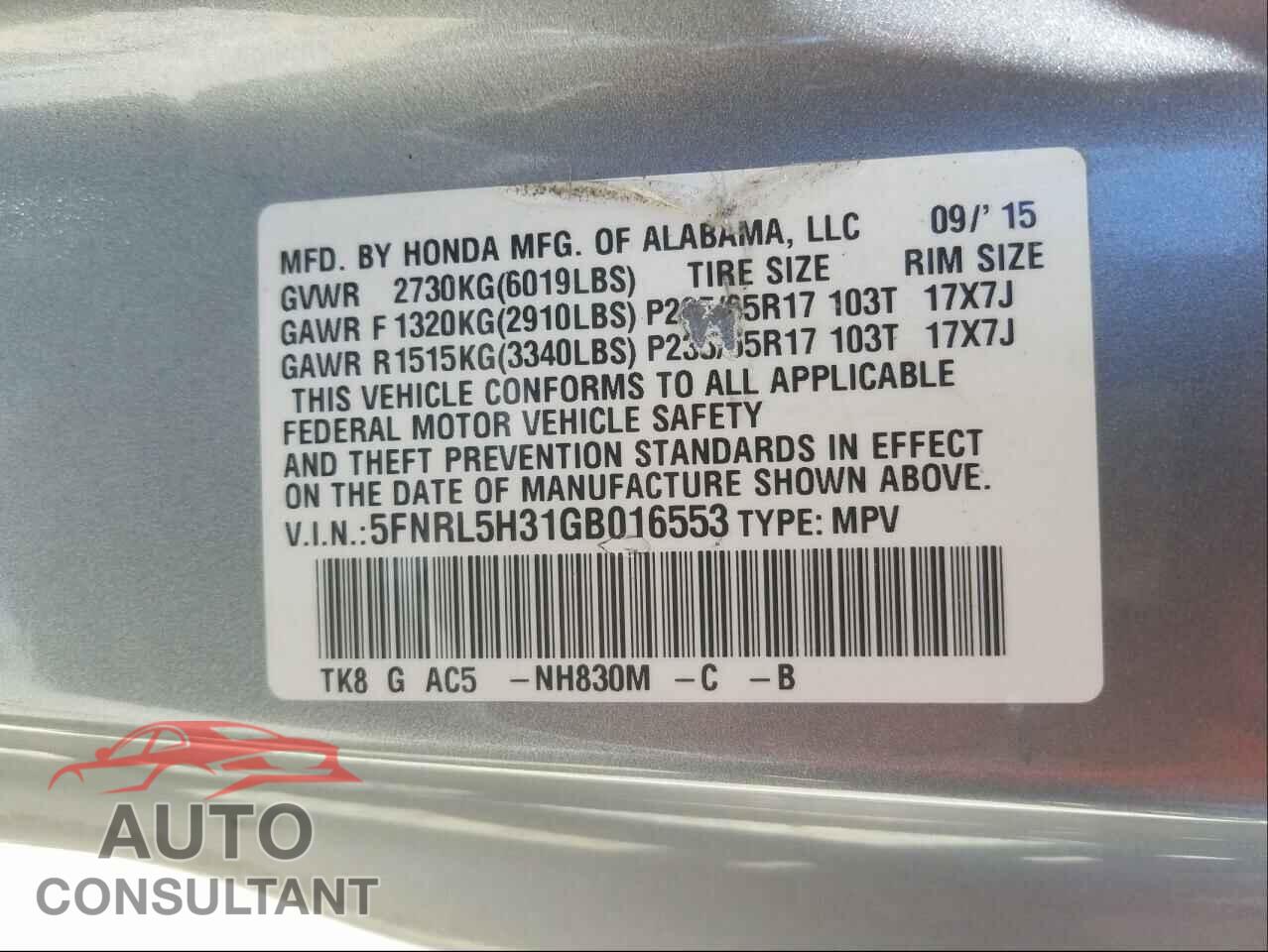 HONDA ODYSSEY 2016 - 5FNRL5H31GB016553