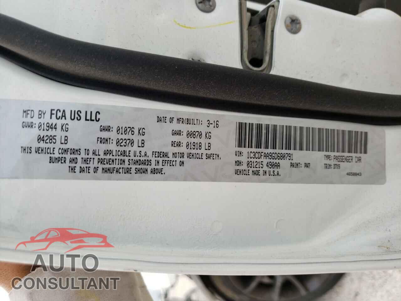 DODGE DART 2016 - 1C3CDFAA9GD680791