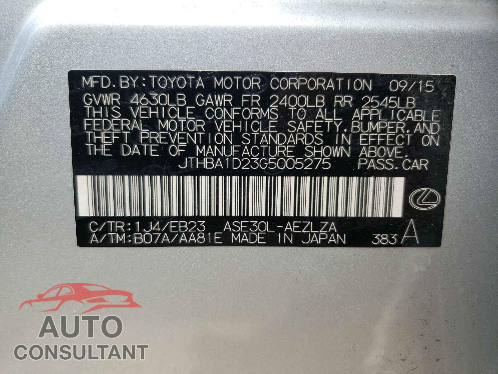 LEXUS IS 2016 - JTHBA1D23G5005275