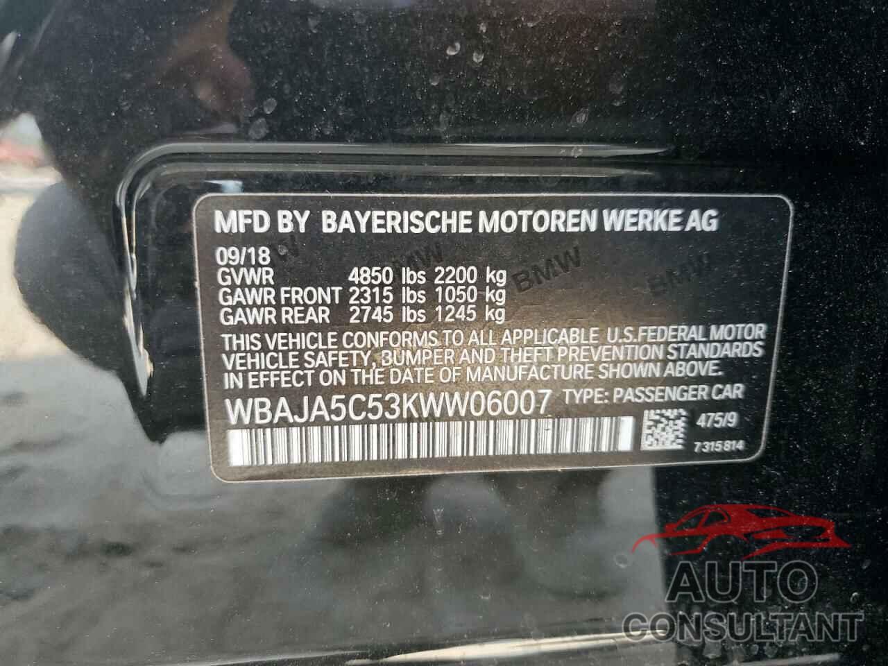 BMW 5 SERIES 2019 - WBAJA5C53KWW06007