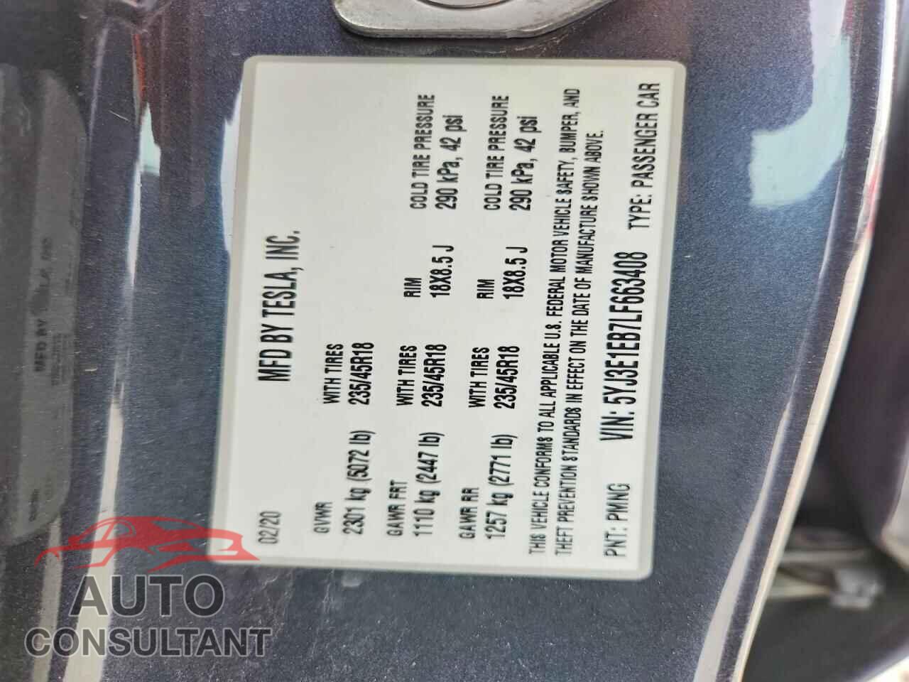 TESLA MODEL 3 2020 - 5YJ3E1EB7LF663408