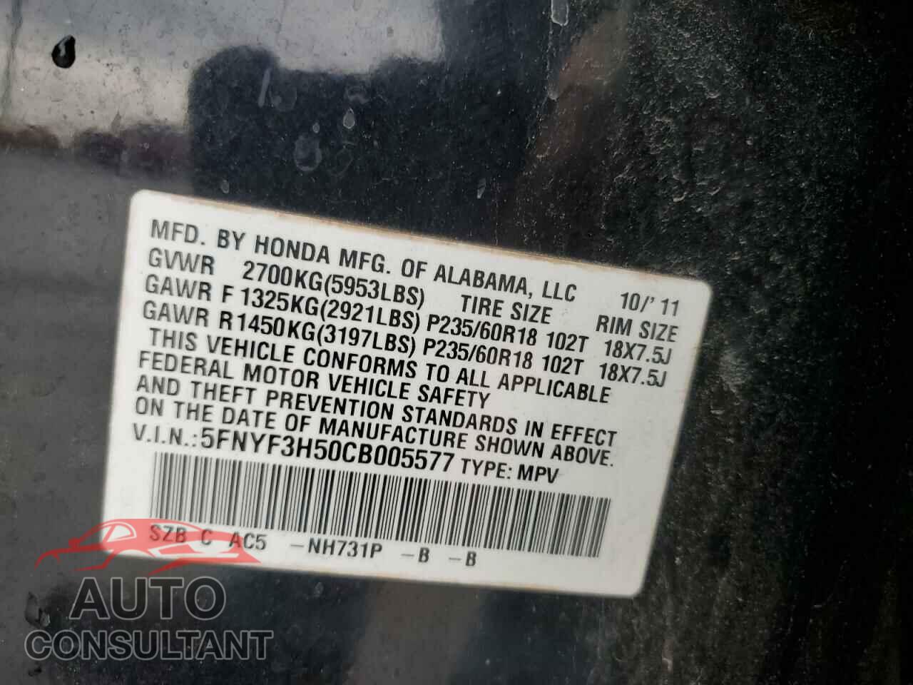 HONDA PILOT 2012 - 5FNYF3H50CB005577