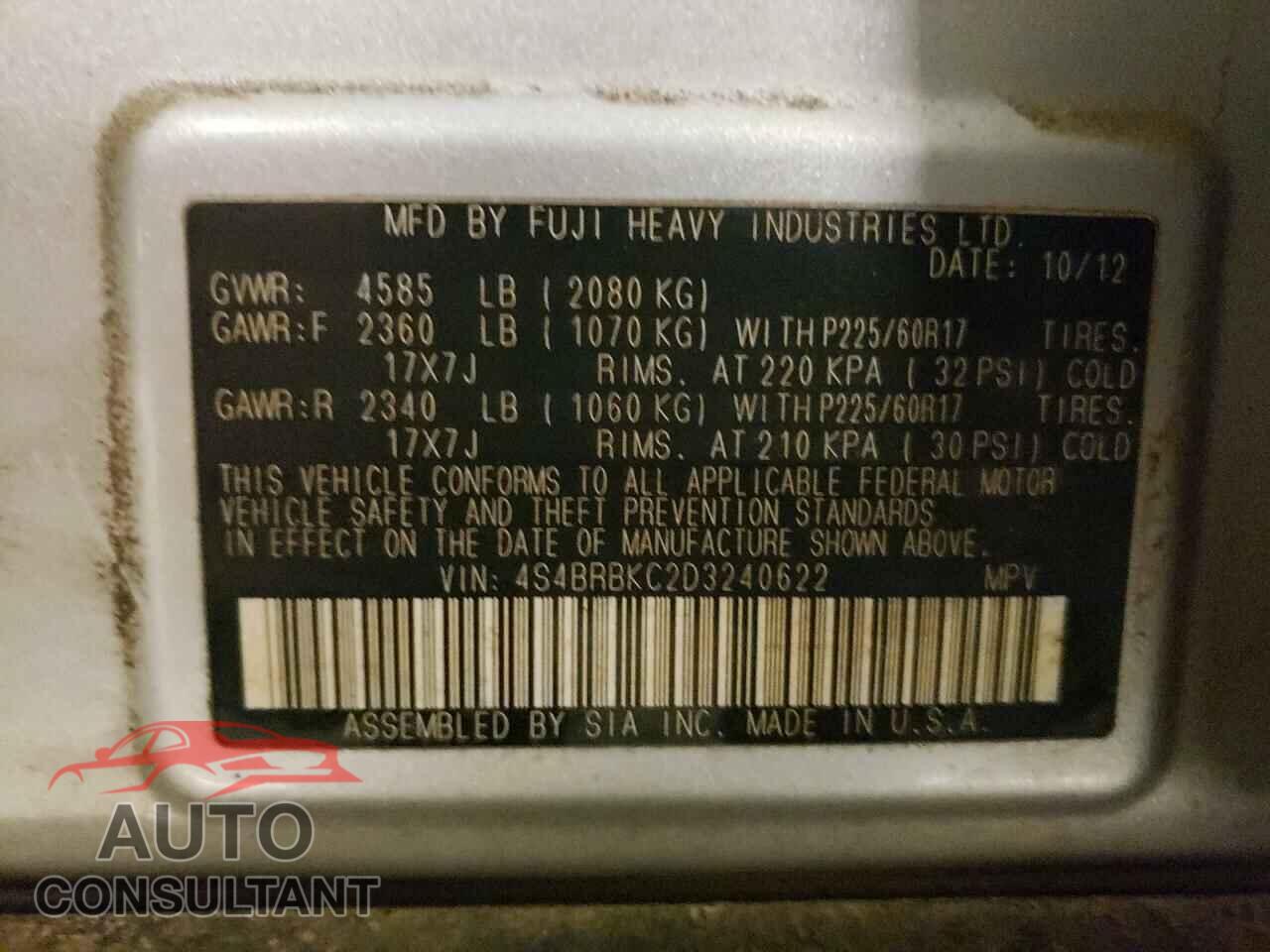 SUBARU OUTBACK 2013 - 4S4BRBKC2D3240622