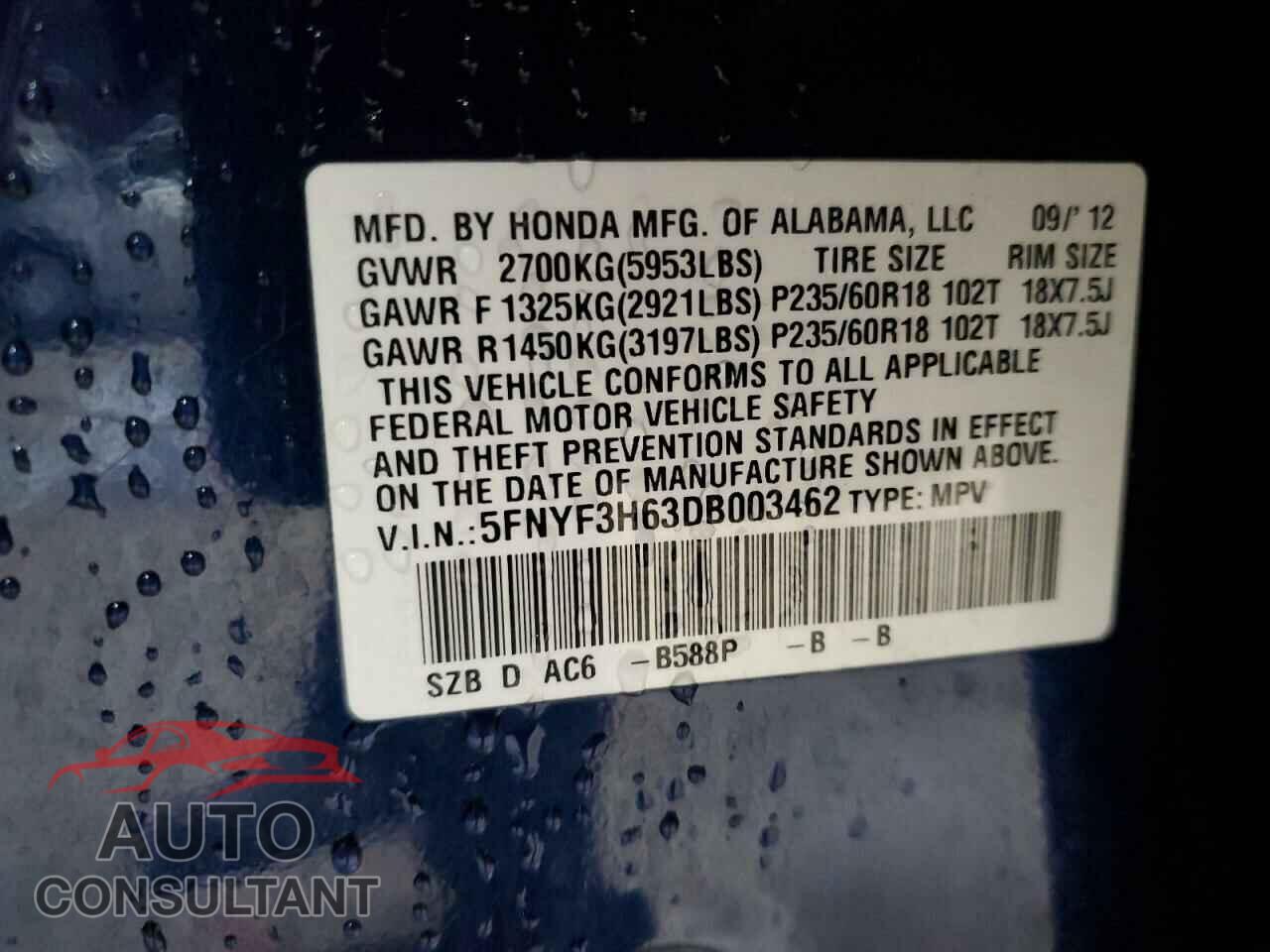 HONDA PILOT 2013 - 5FNYF3H63DB003462