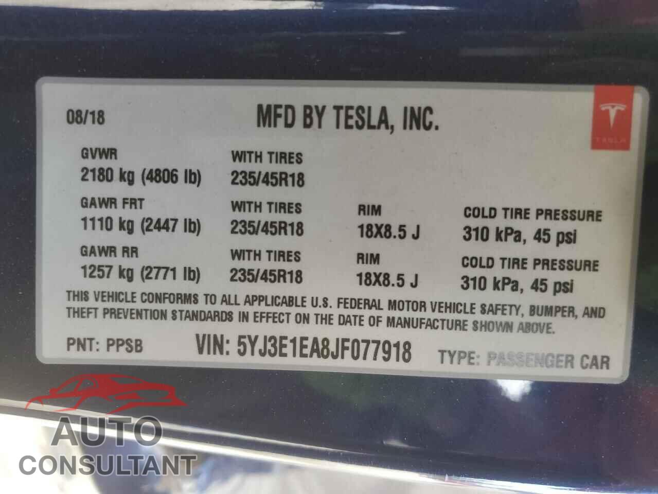 TESLA MODEL 3 2018 - 5YJ3E1EA8JF077918