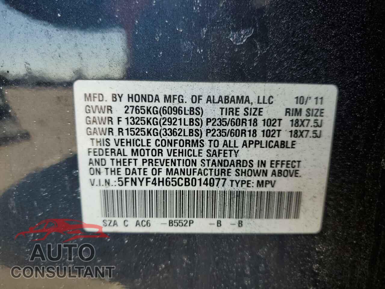 HONDA PILOT 2012 - 5FNYF4H65CB014077