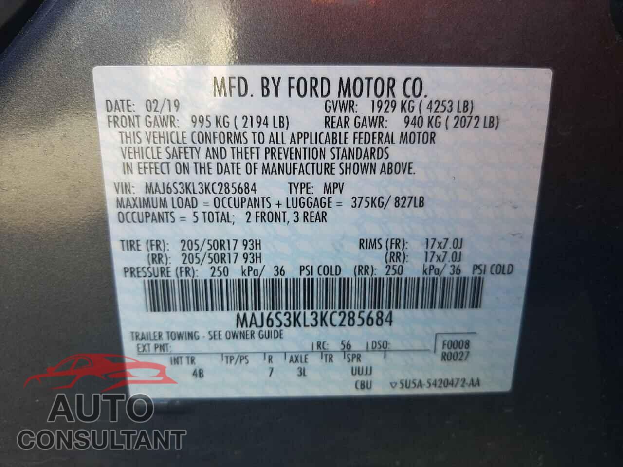 FORD ECOSPORT 2019 - MAJ6S3KL3KC285684