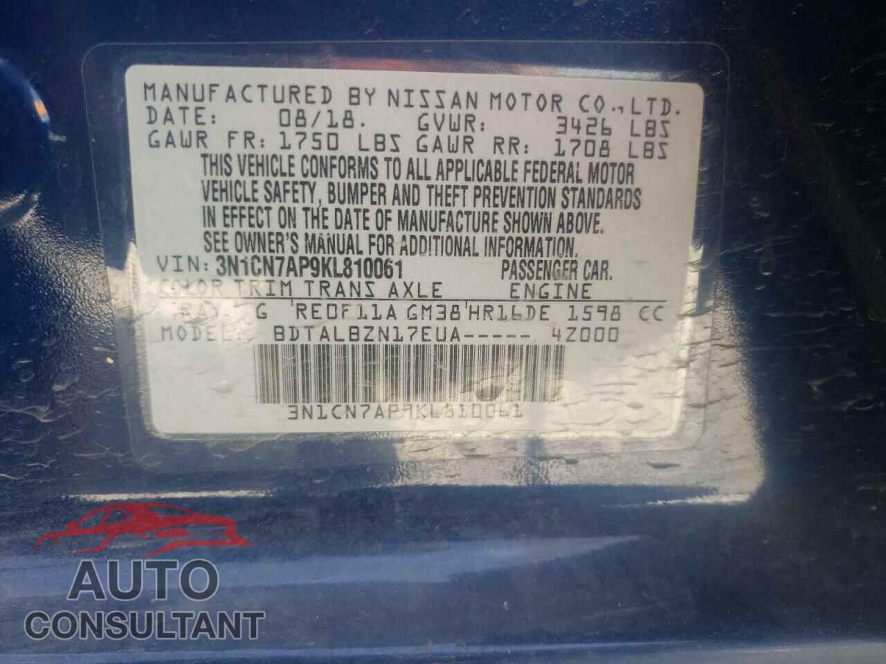 NISSAN VERSA 2019 - 3N1CN7AP9KL810061