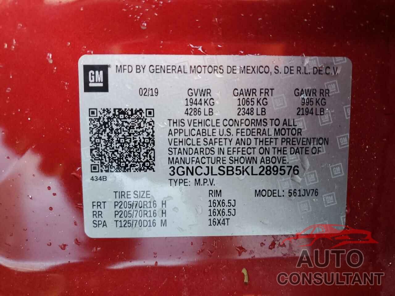 CHEVROLET TRAX 2019 - 3GNCJLSB5KL289576