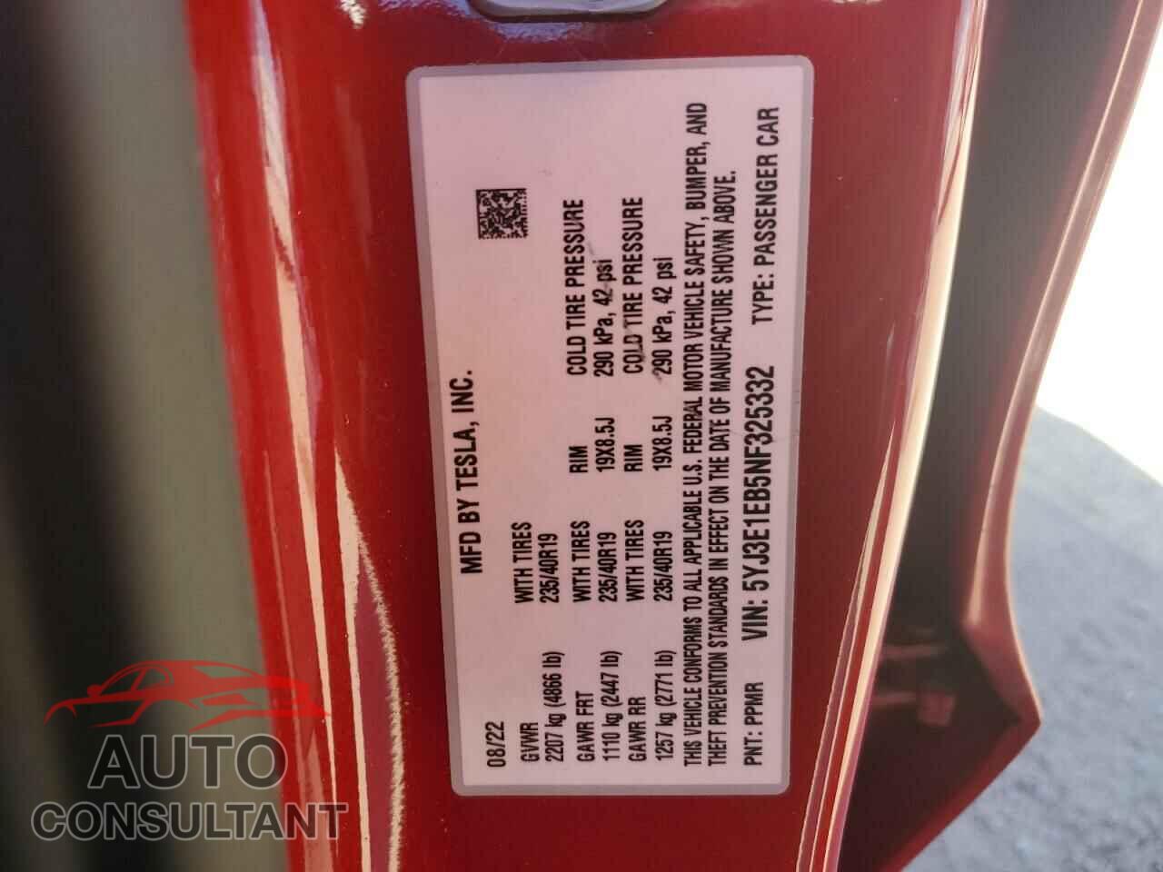 TESLA MODEL 3 2022 - 5YJ3E1EB5NF325332