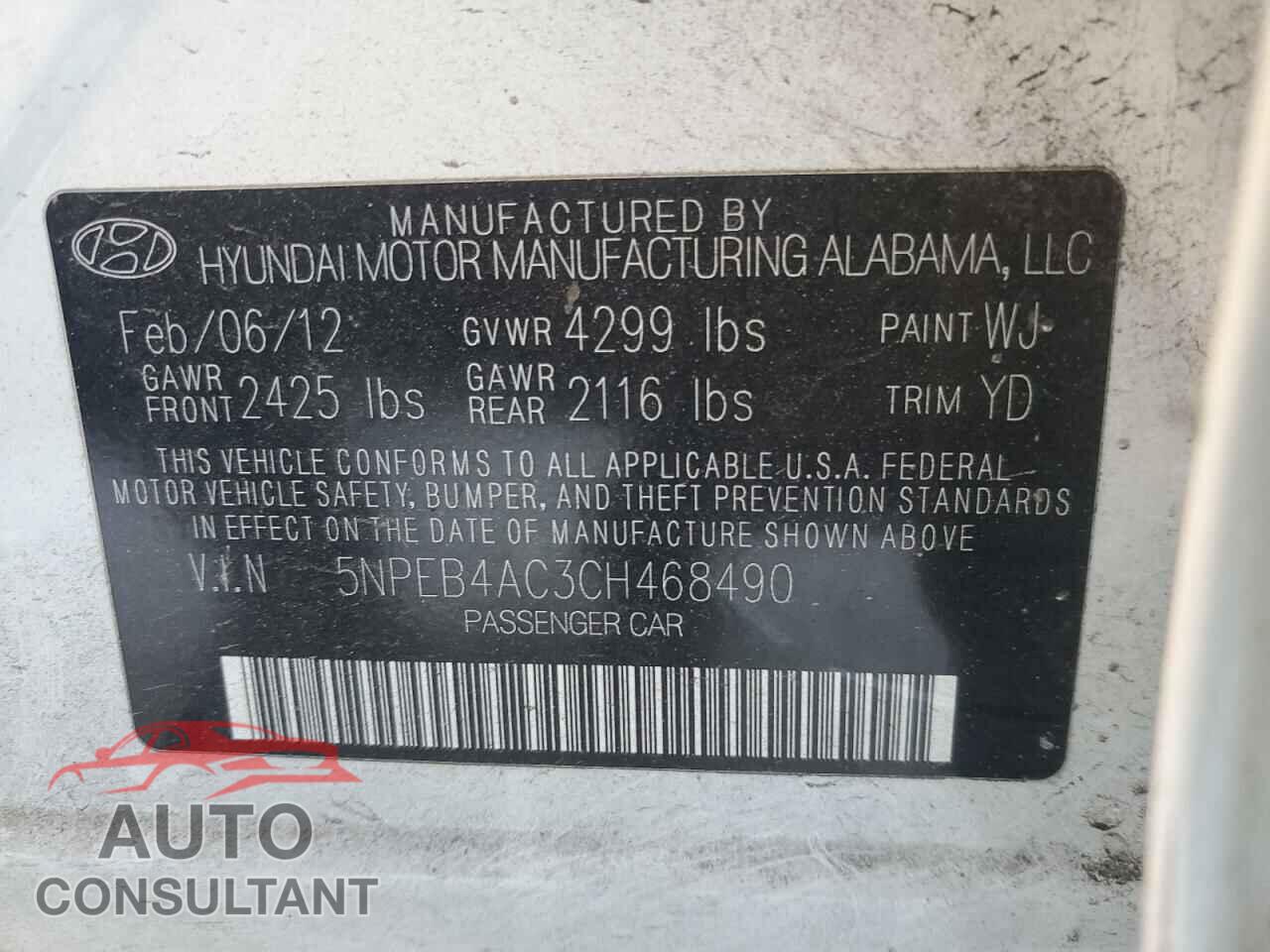 HYUNDAI SONATA 2012 - 5NPEB4AC3CH468490