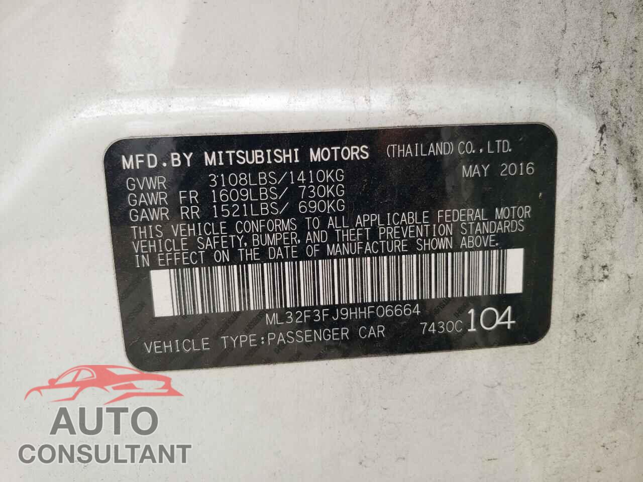 MITSUBISHI MIRAGE 2017 - ML32F3FJ9HHF06664