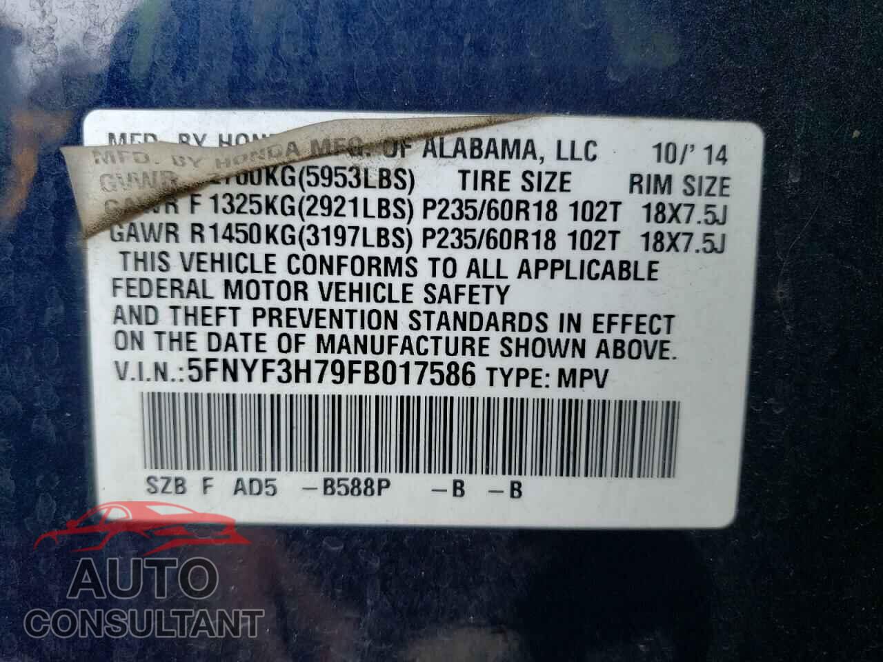 HONDA PILOT 2015 - 5FNYF3H79FB017586
