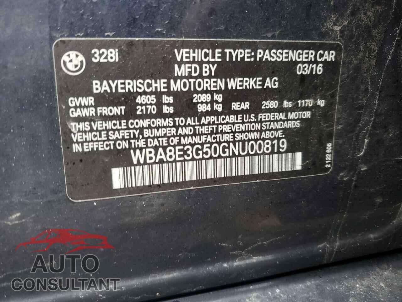 BMW 3 SERIES 2016 - WBA8E3G50GNU00819