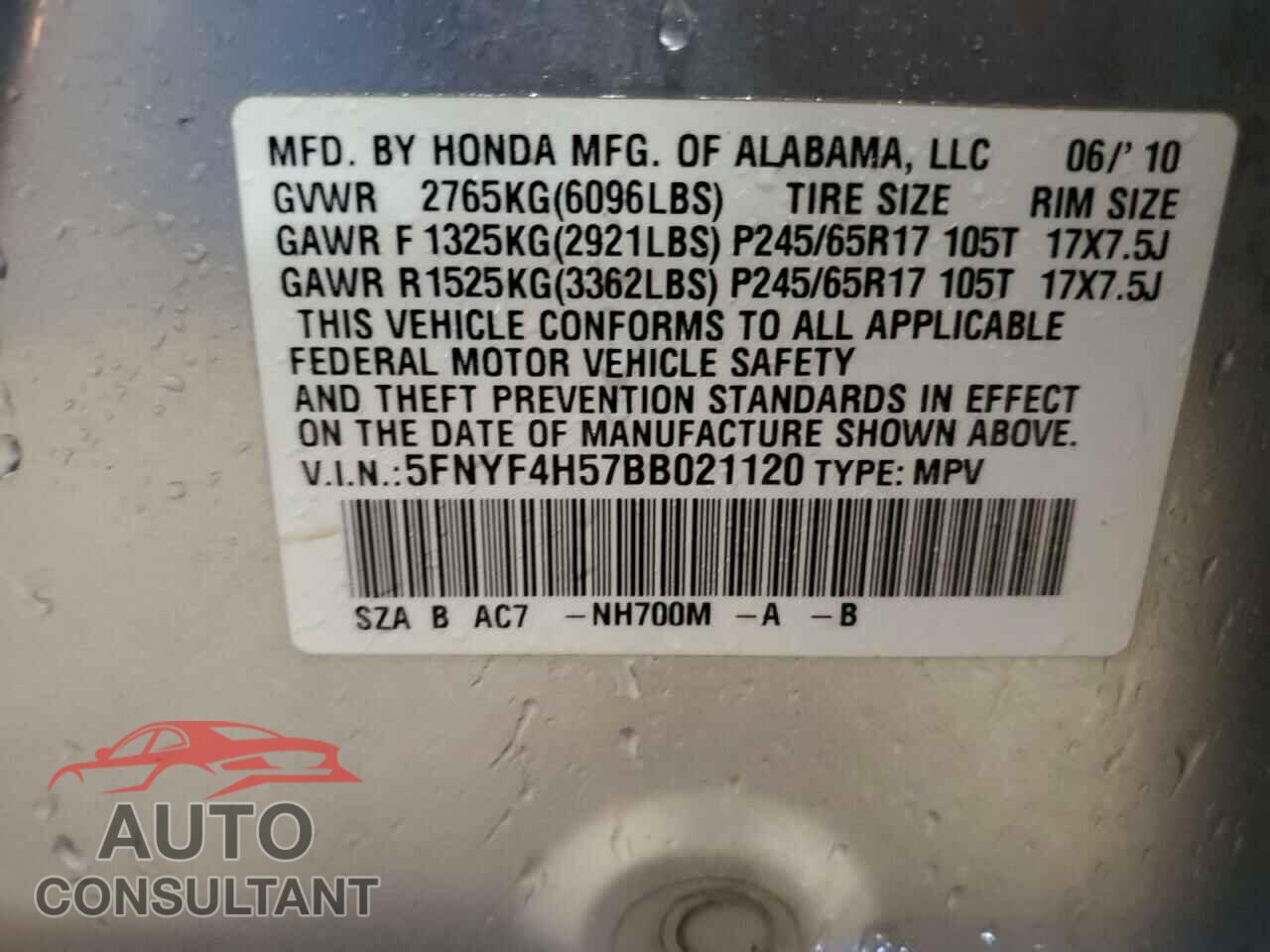 HONDA PILOT 2011 - 5FNYF4H57BB021120
