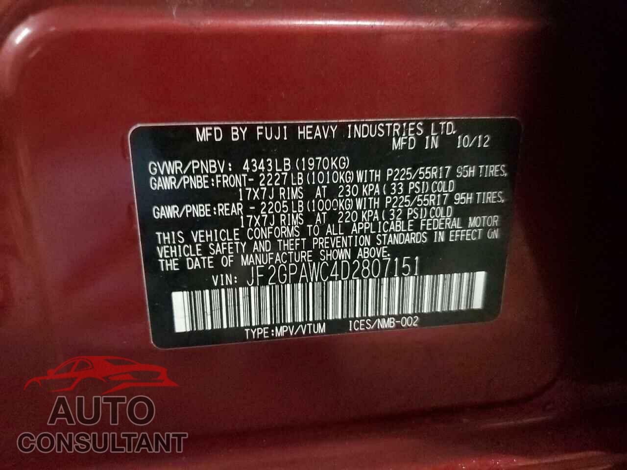 SUBARU XV 2013 - JF2GPAWC4D2807151