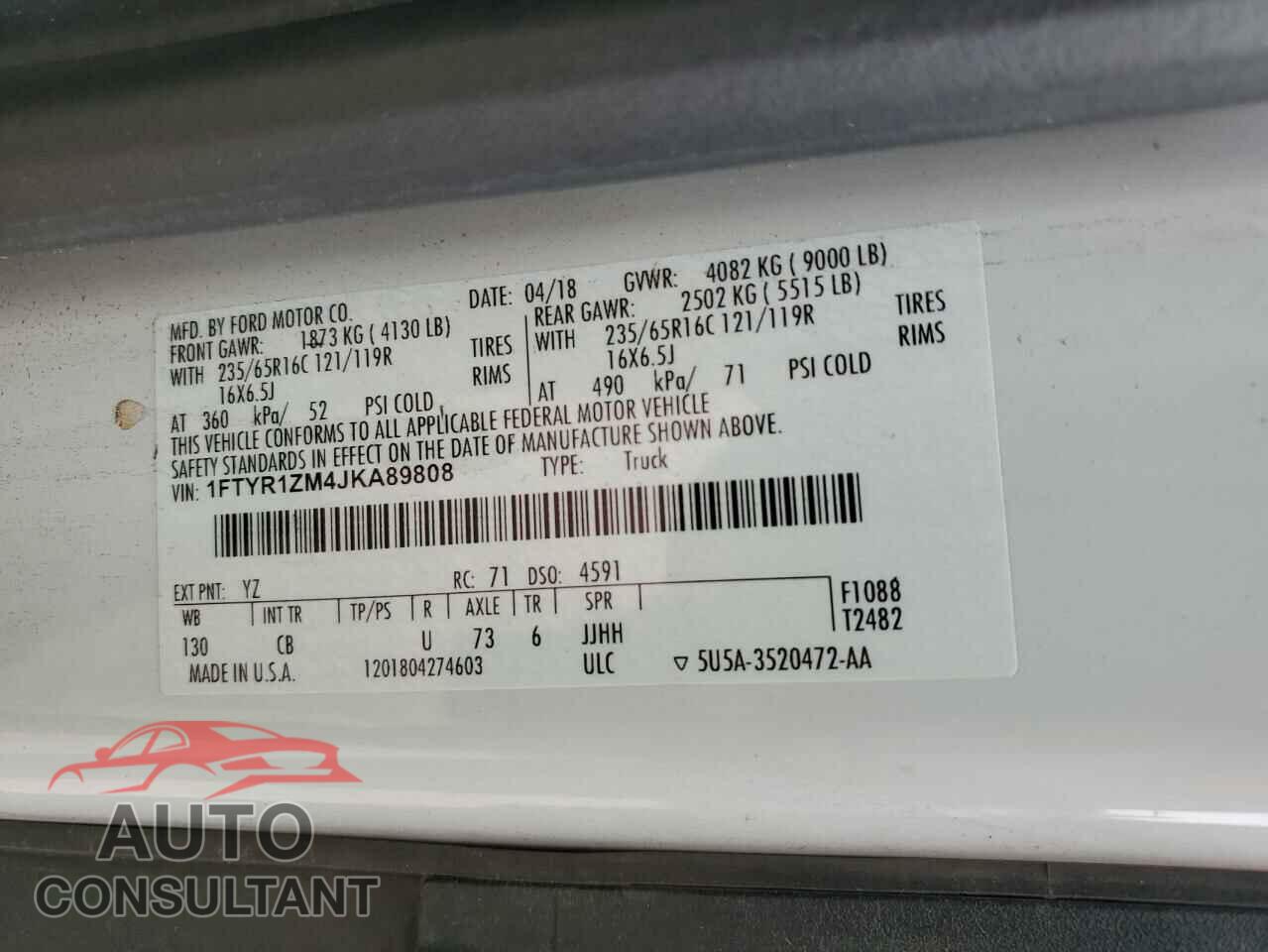 FORD TRANSIT 2018 - 1FTYR1ZM4JKA89808