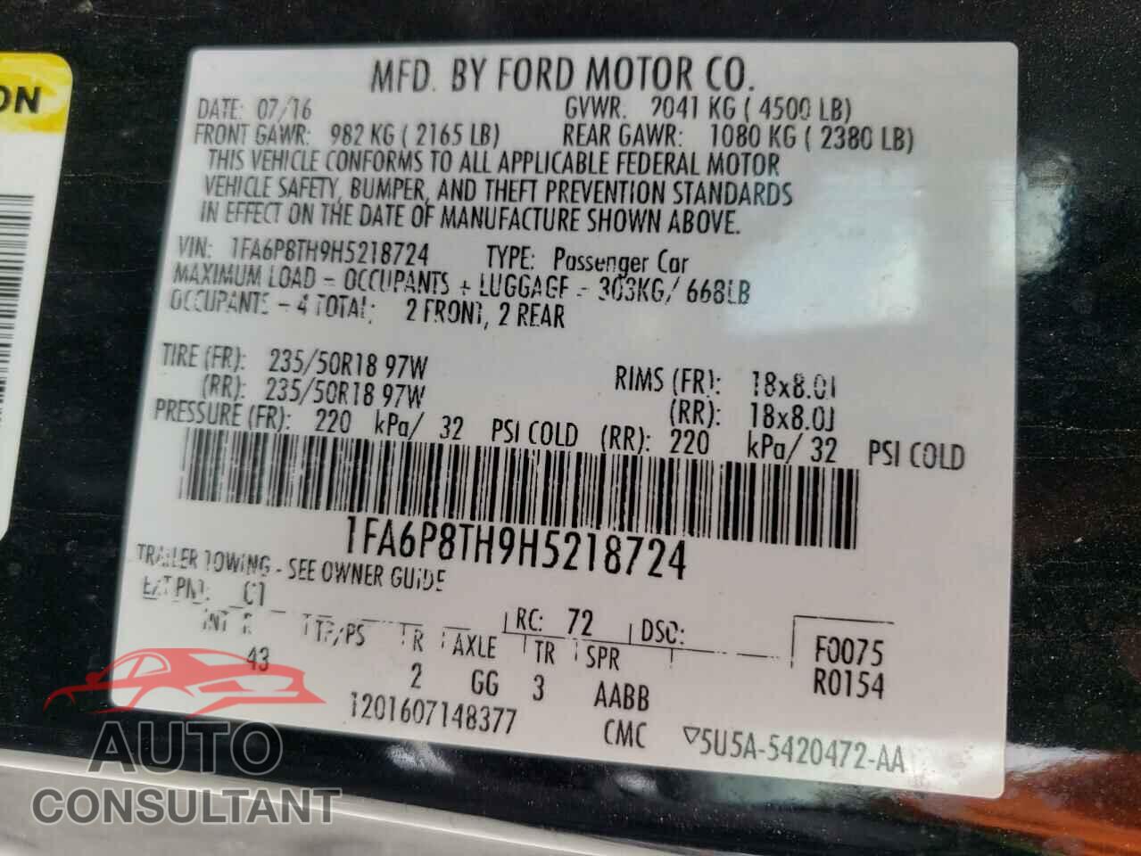 FORD MUSTANG 2017 - 1FA6P8TH9H5218724