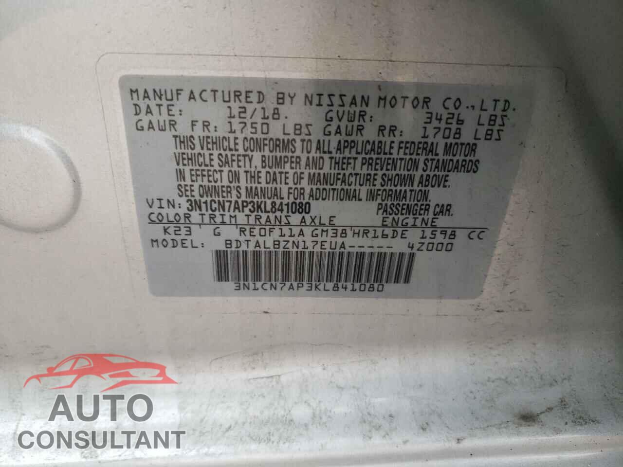 NISSAN VERSA 2019 - 3N1CN7AP3KL841080