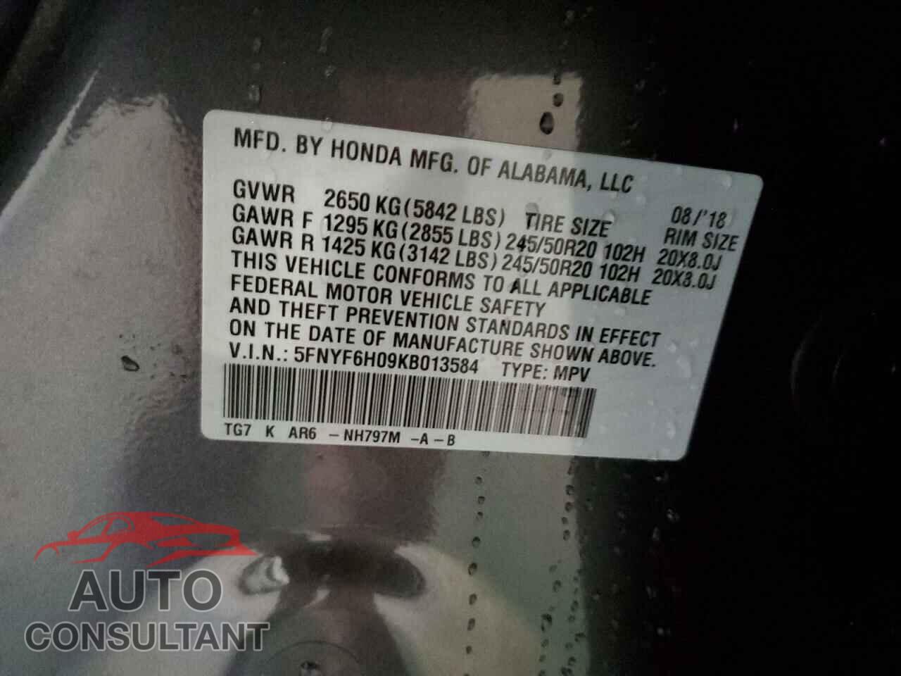 HONDA PILOT 2019 - 5FNYF6H09KB013584