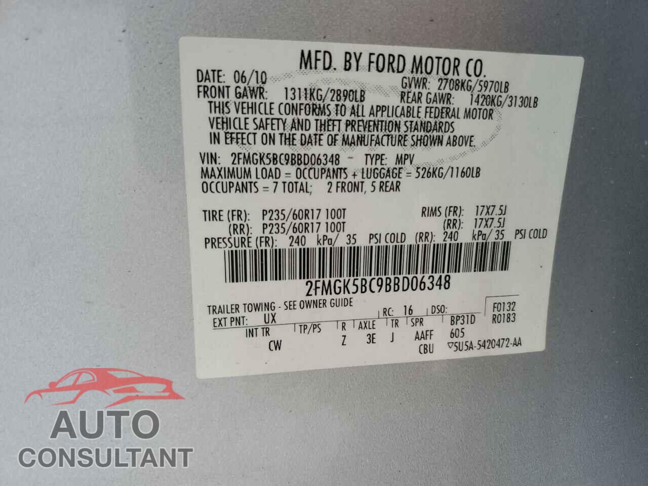 FORD FLEX 2011 - 2FMGK5BC9BBD06348