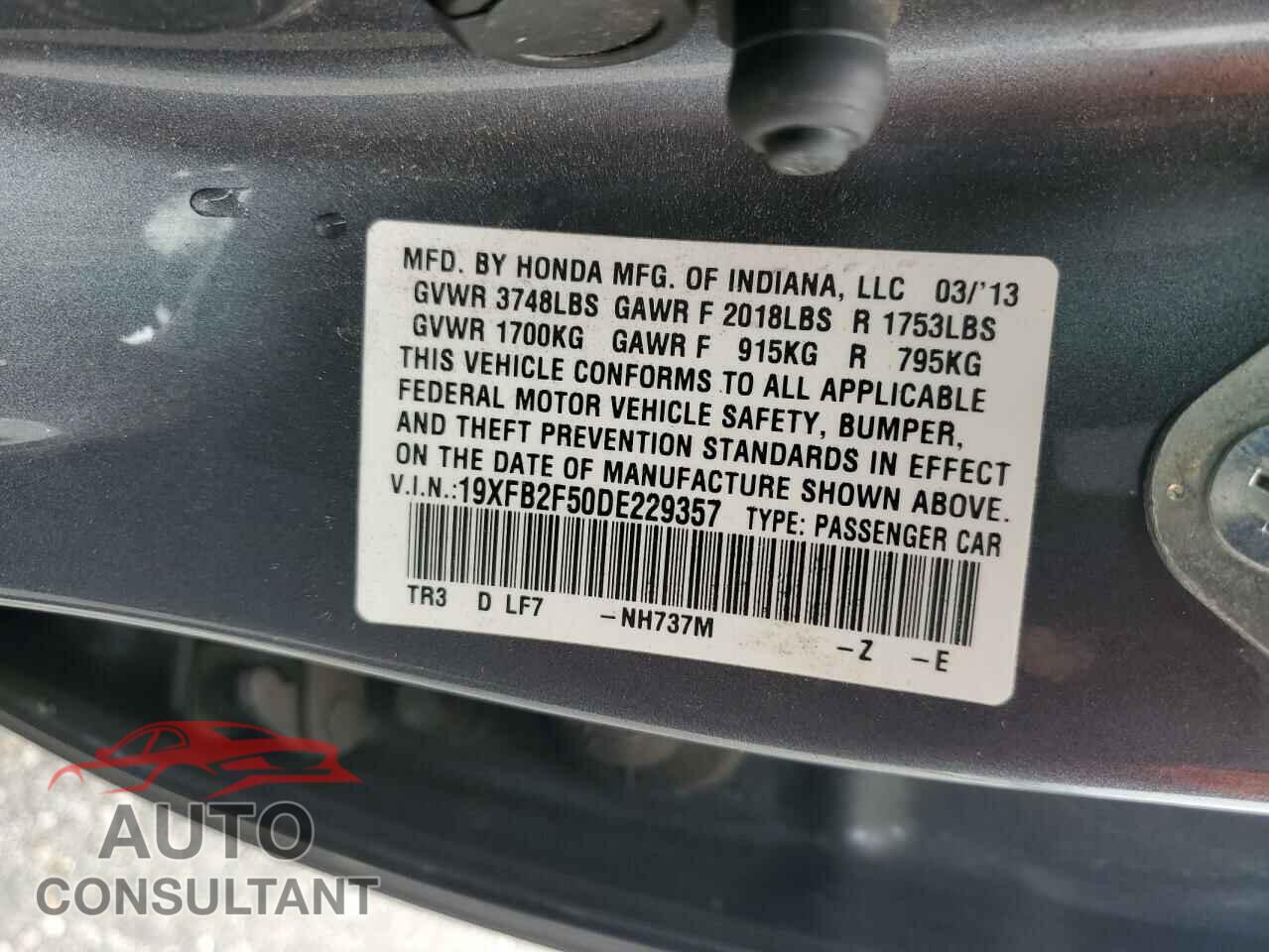 HONDA CIVIC 2013 - 19XFB2F50DE229357