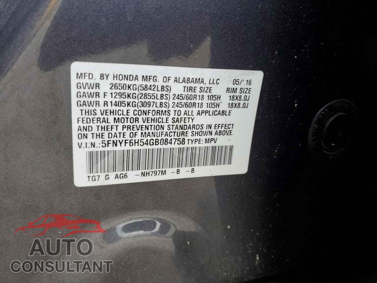 HONDA PILOT 2016 - 5FNYF6H54GB084758