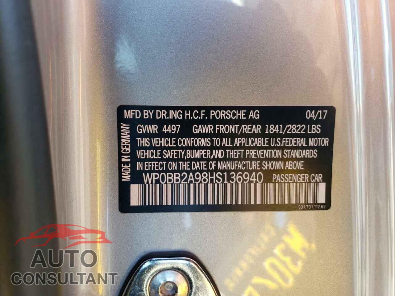 PORSCHE 911 2017 - WP0BB2A98HS136940