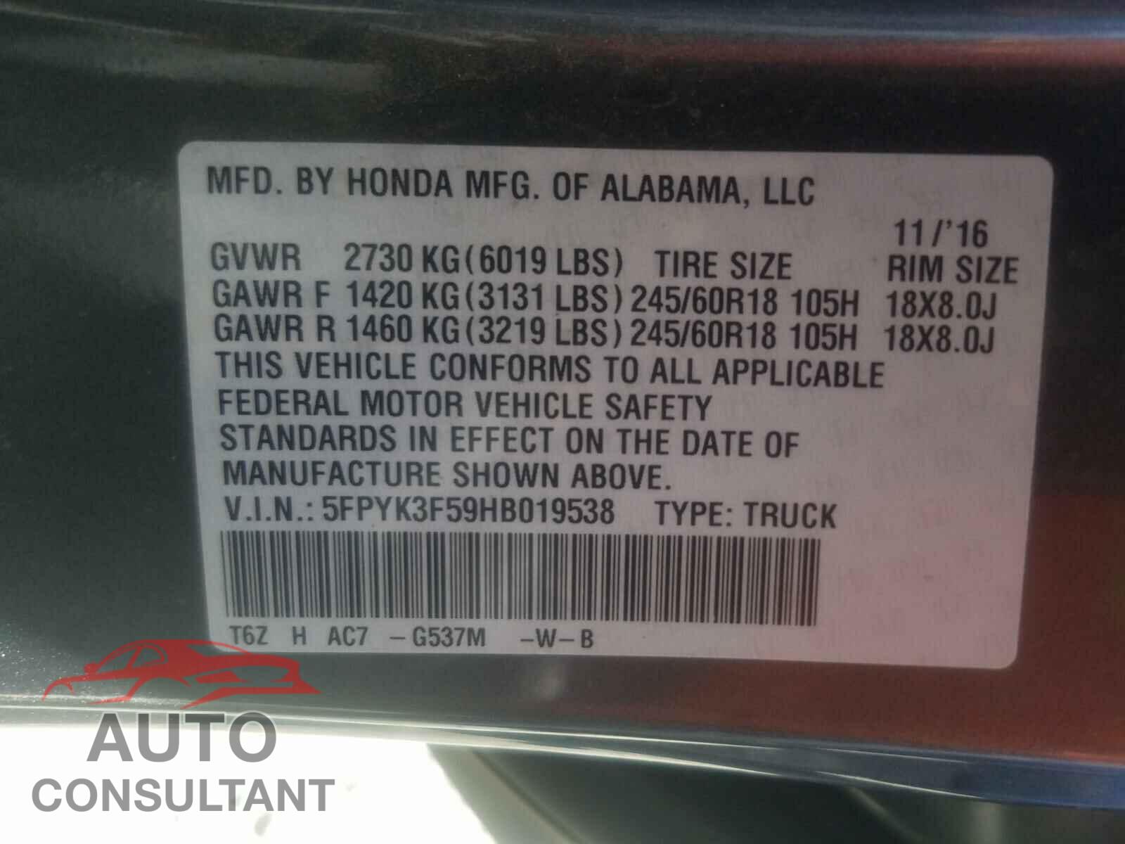 HONDA RIDGELINE 2017 - 5FPYK3F59HB019538