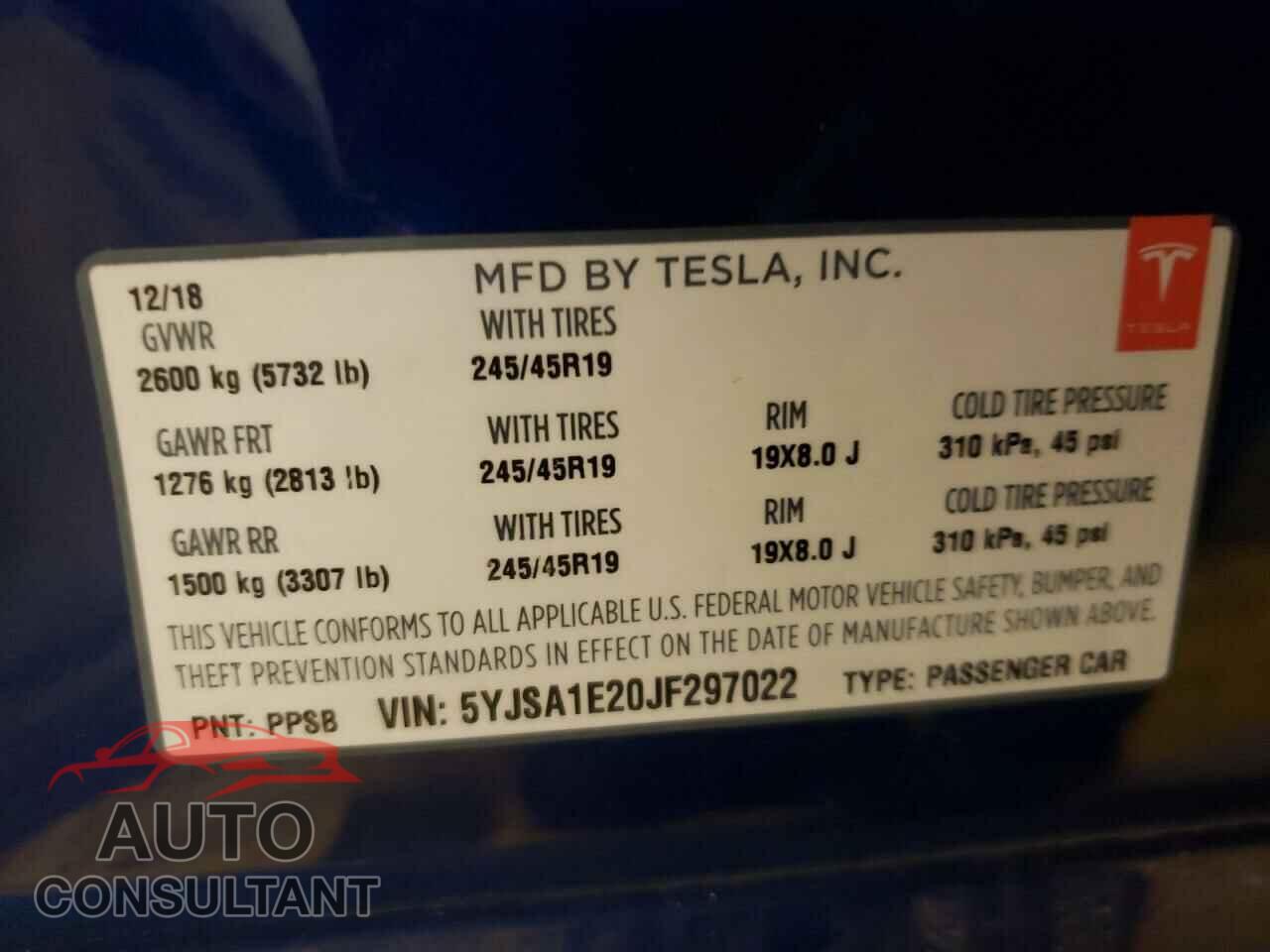 TESLA MODEL S 2018 - 5YJSA1E20JF297022
