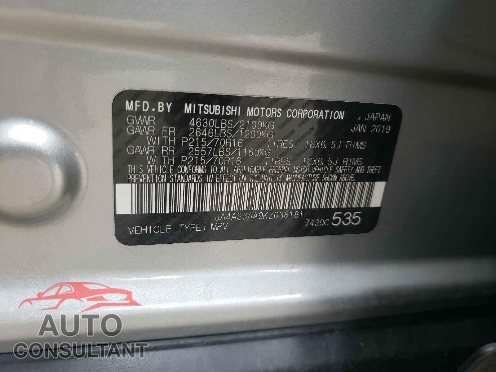 MITSUBISHI ECLIPSE 2019 - JA4AS3AA9KZ038181