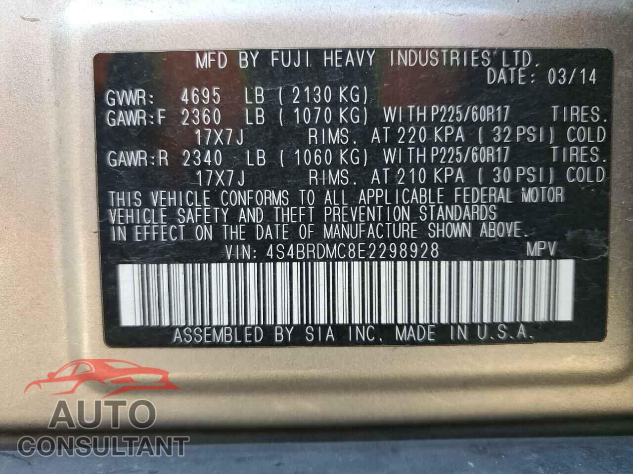 SUBARU OUTBACK 2014 - 4S4BRDMC8E2298928