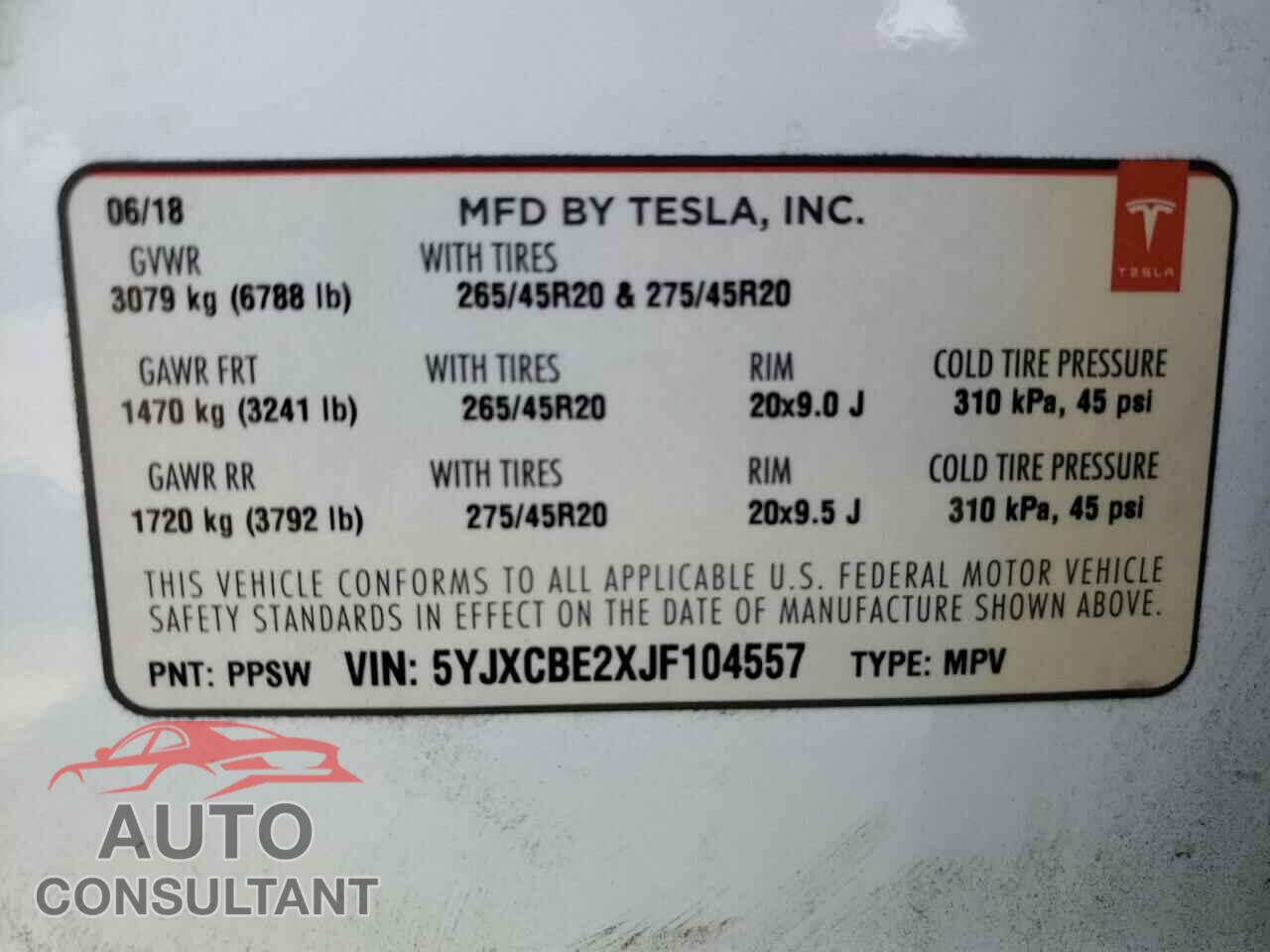 TESLA MODEL X 2018 - 5YJXCBE2XJF104557